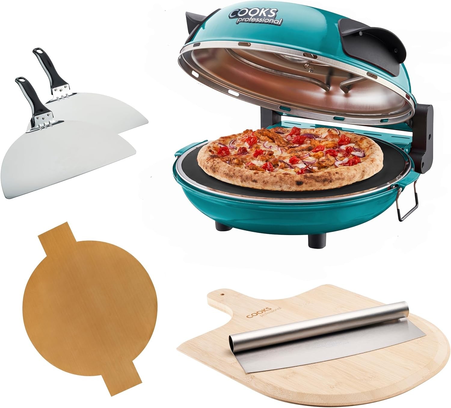 1200W Electric Pizza Oven 31cm Stone Base Glass Timer Cutter Teal