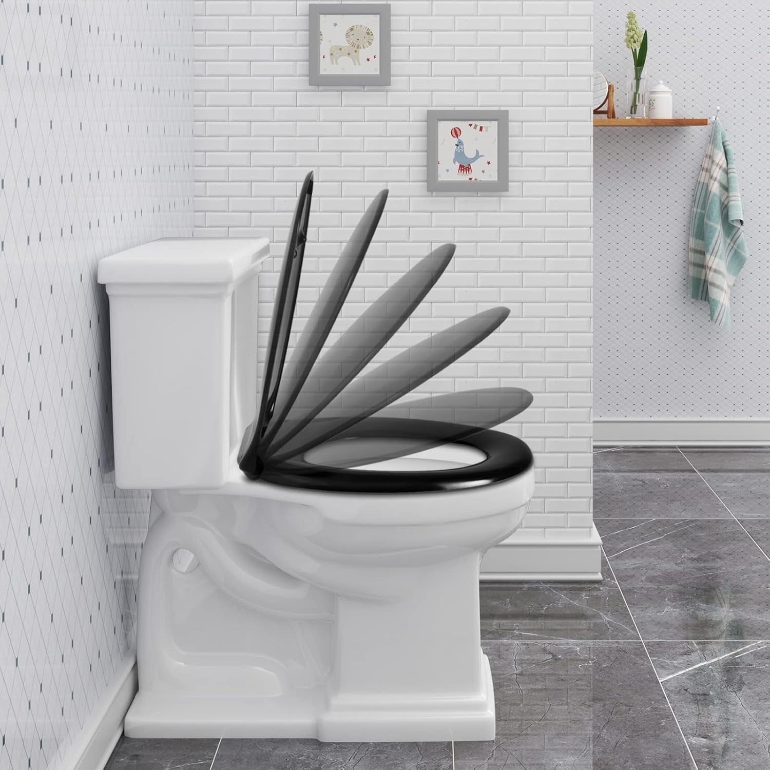 Black Soft Close Toilet Seat O-Shape Duroplast Adjustable Hinges 45x37cm