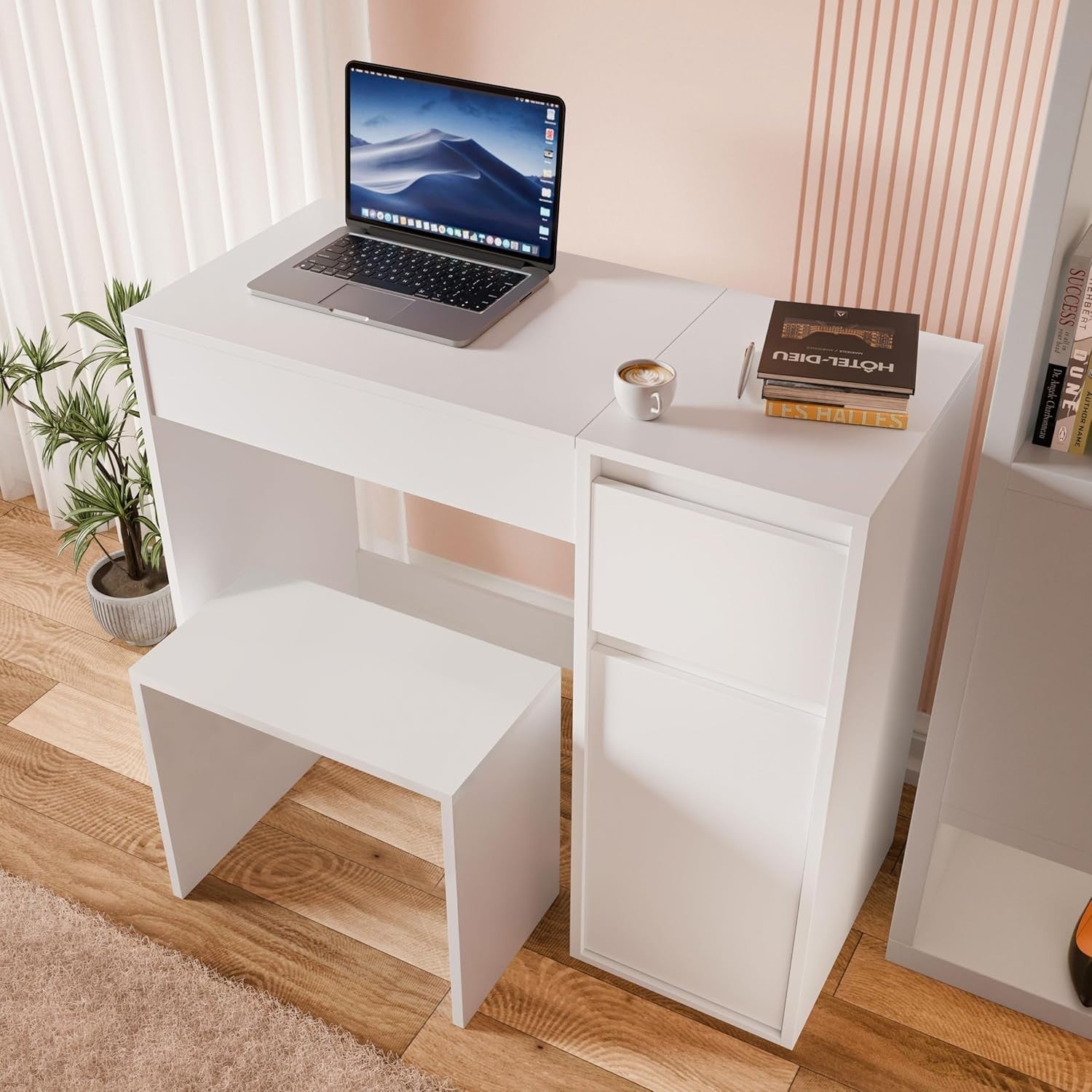 2-in-1 White Vanity Dressing Table Desk with Flip Mirror, Hidden Storage, Stool