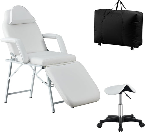 Portable 3-Section Beauty Massage Bed Foldable Chair w/ Stool & Bag White