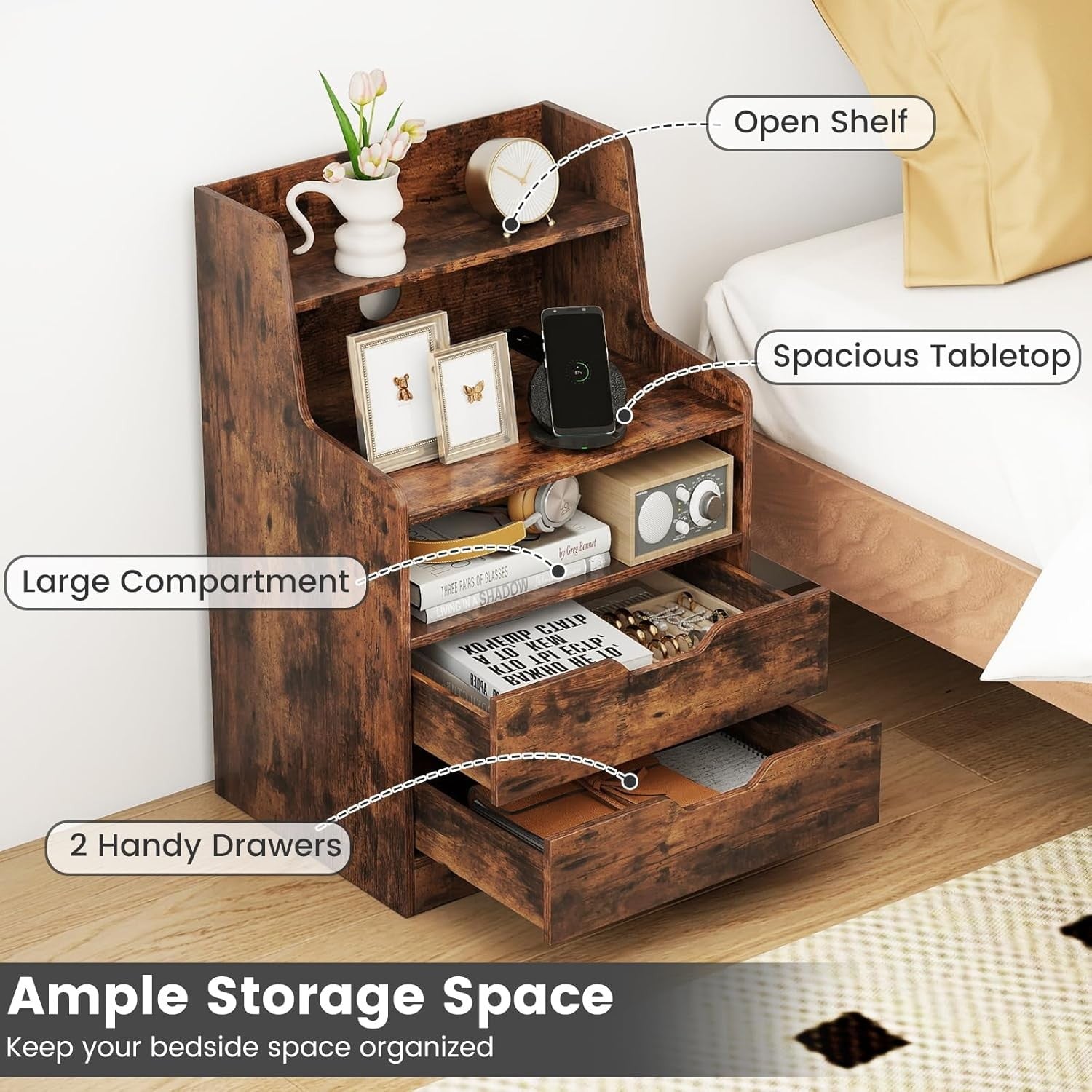 Rustic Brown LED Bedside Table with Charging Station, Drawers & RGB Shelf Unit