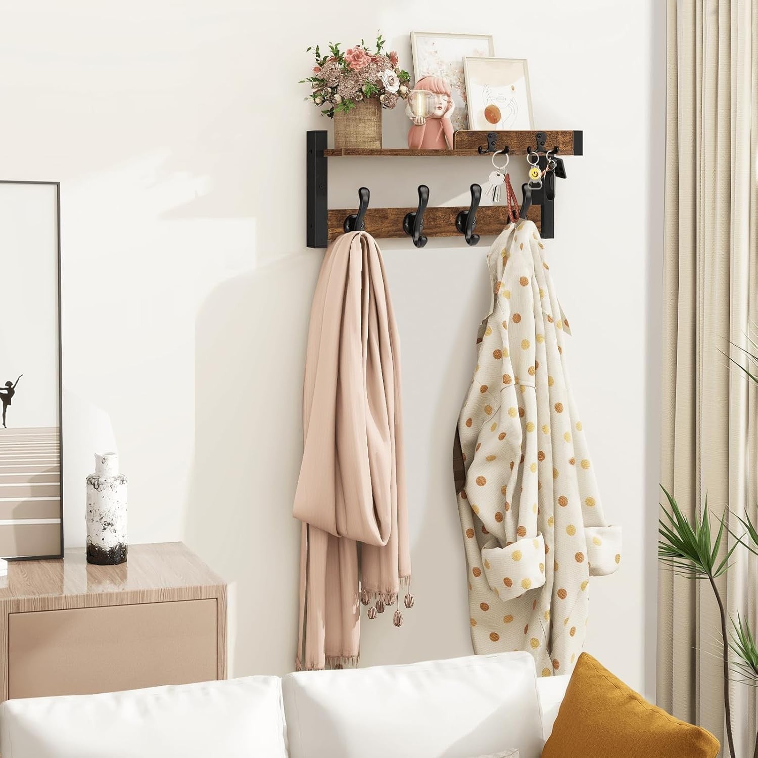 Rustic Wall Coat Rack with Shelf & Key Holder Wood Floating Entryway Organizer