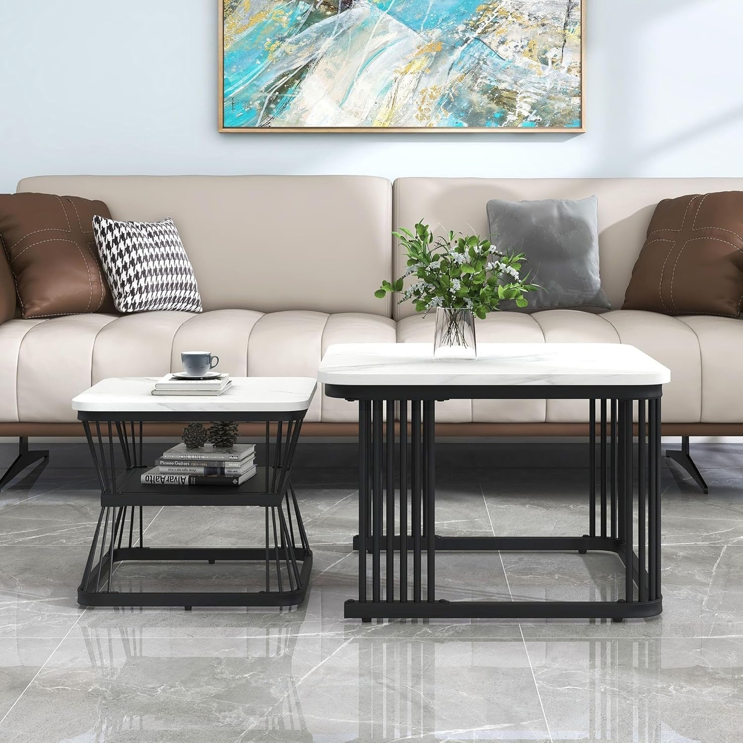 2-in-1 Nesting Coffee Tables, Square Marble White Top, Metal Frame, Space-Saving