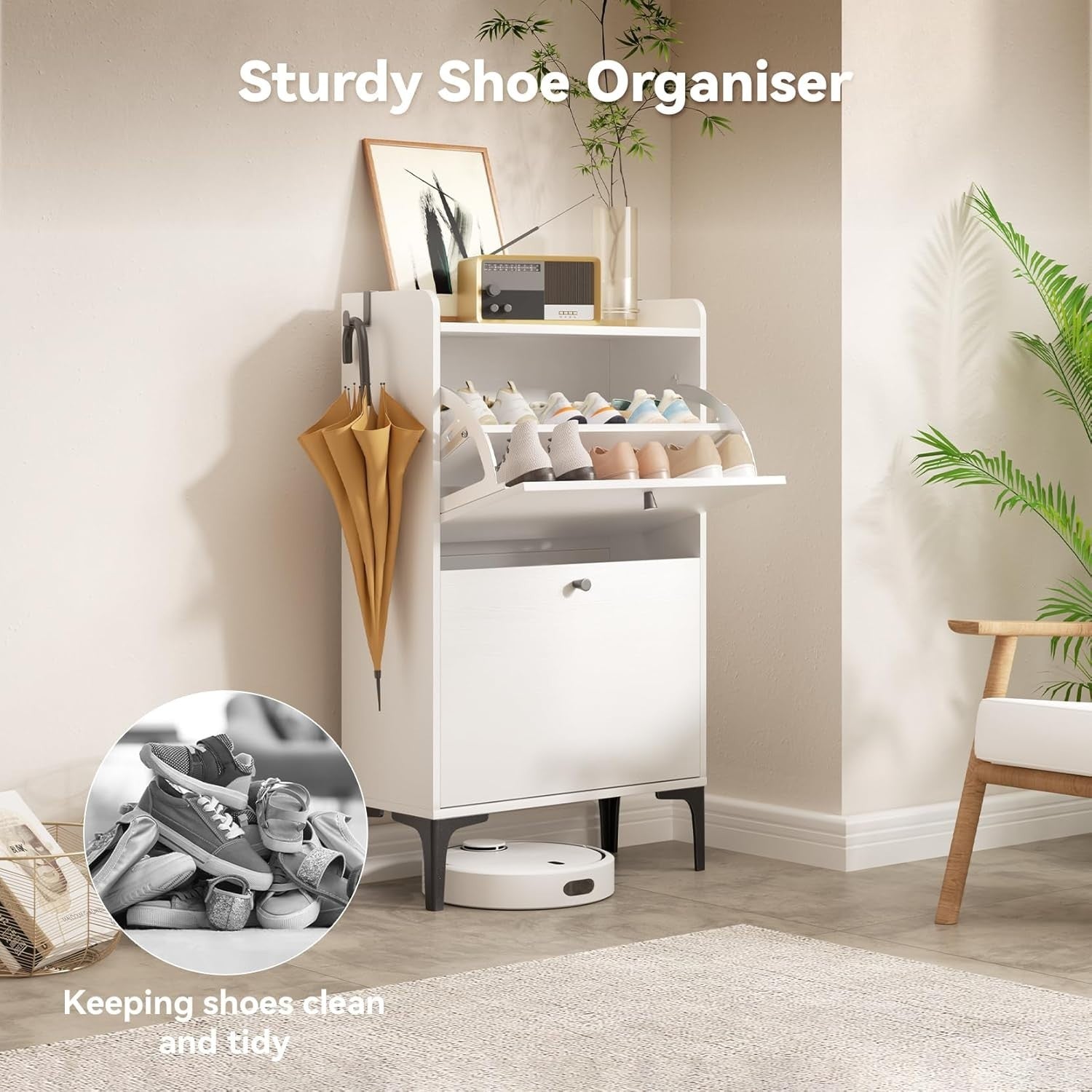 Shoe Cabinet 2 Flip Drawers Adjustable Dividers Sturdy Compact Hallway Storage