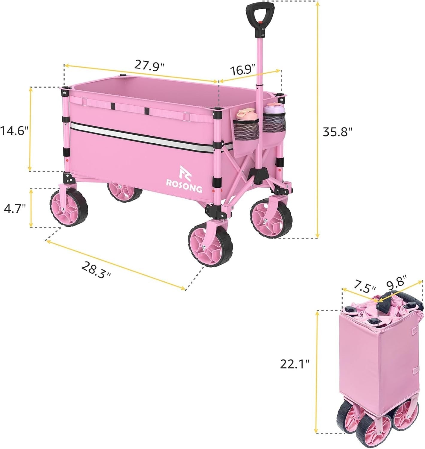 Collapsible Folding Wagon Cart Heavy Duty Utility Trolley with Wheels 120L Pink