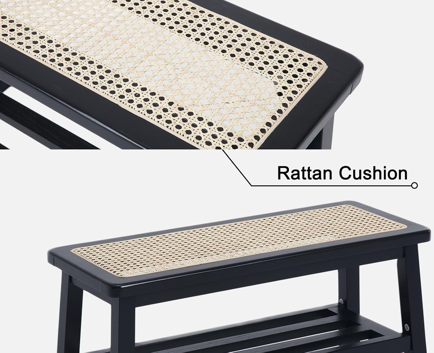 Black Mid-Century Rattan Dining Bench with Storage Ottoman Seat