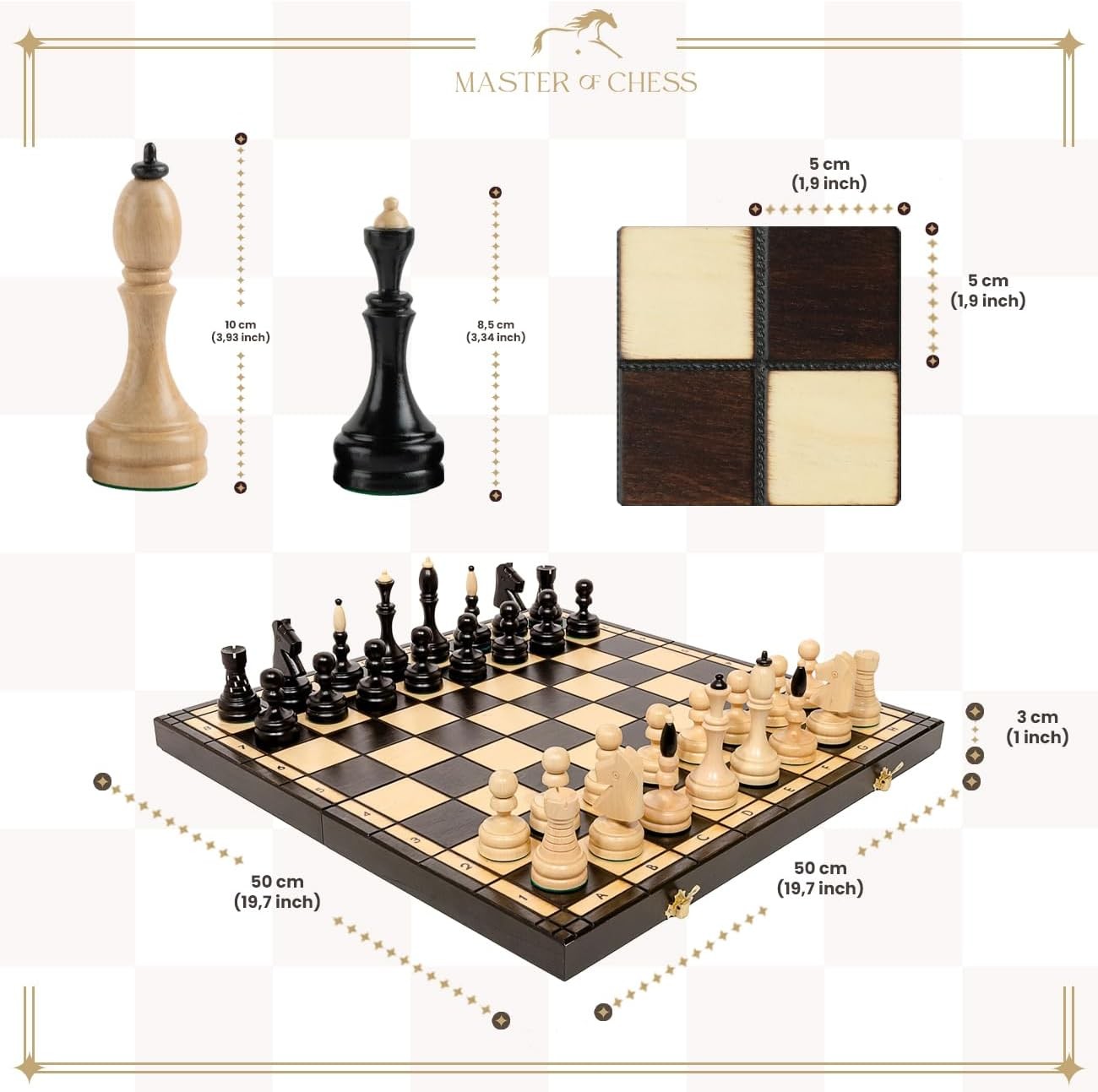 Tournament Wooden Chess Set 50cm Inlaid Foldable Board Staunton No.5 Pieces