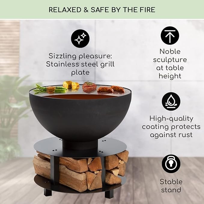 Outdoor Fire Pit BBQ Grill Round Bowl Portable 3-in-1 Garden Heater Table