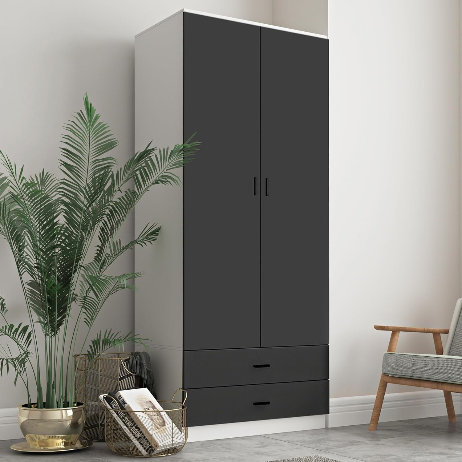 Modern 2 Door Wardrobe Black Drawers Hanging Rail Tall Storage Unit