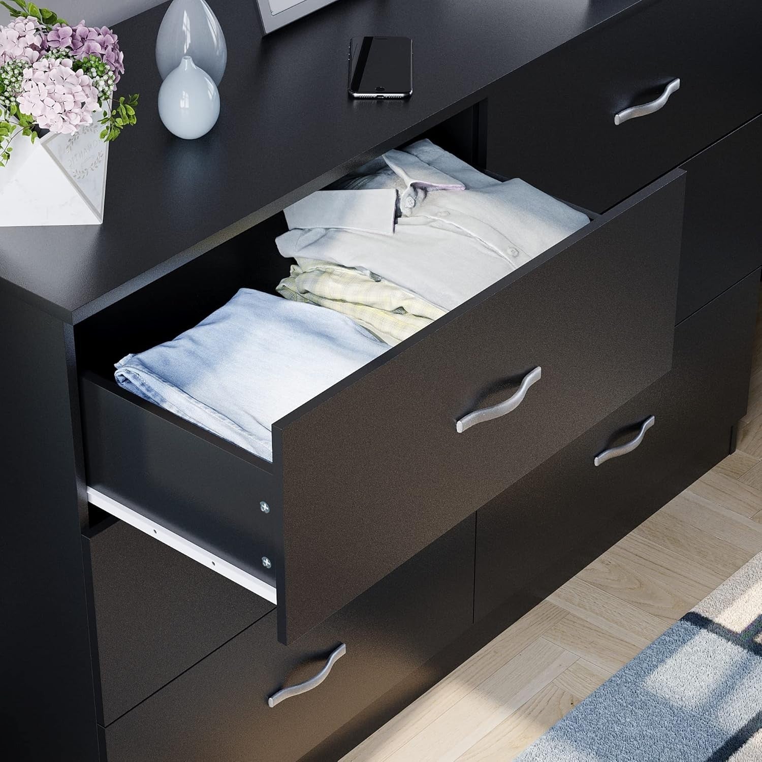 Black 6 Drawer Wide Chest Bedroom Storage Cabinet Unit Modern