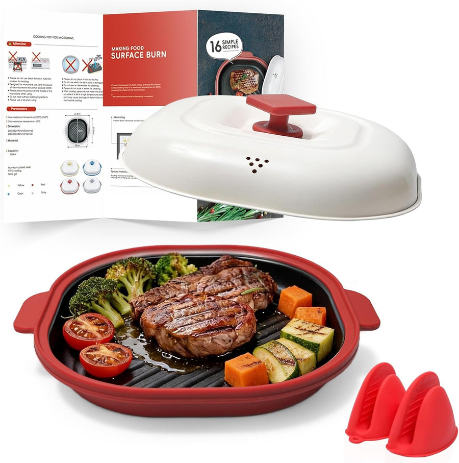 Red Microwave Grill Pan with Lid – Non-Stick Cooking & Roasting