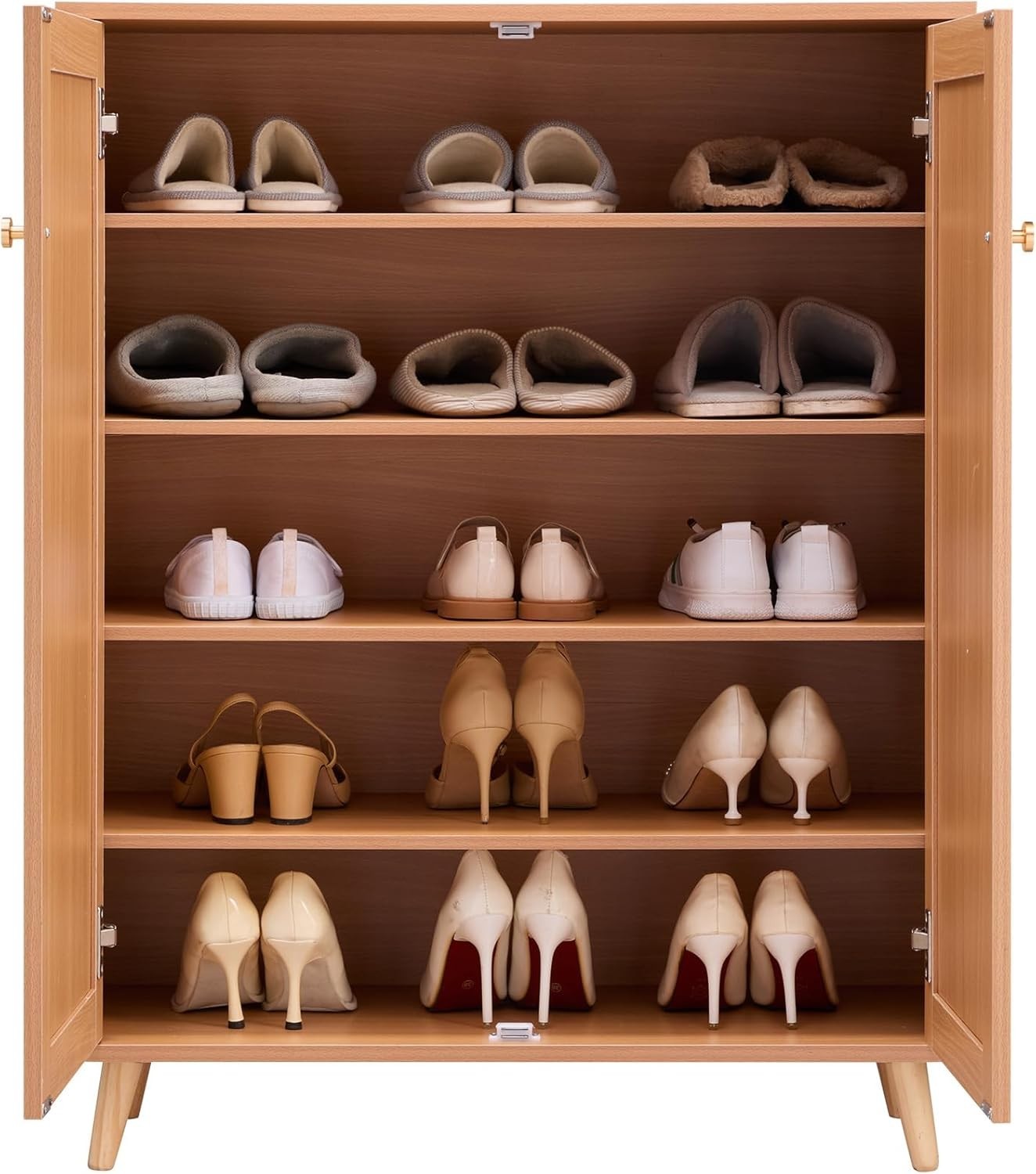 Rattan Shoe Cabinet 5 Tier Storage with Doors & Adjustable Shelves 80x34x102cm