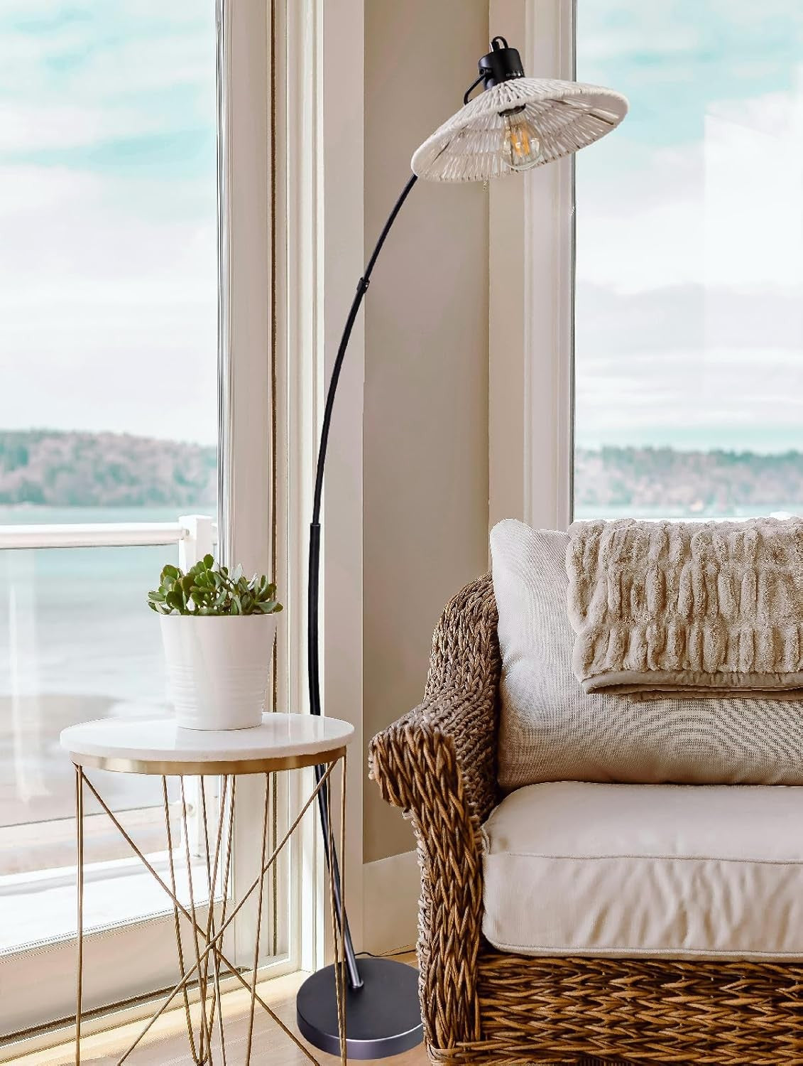 Boho Arc Floor Lamp Adjustable Shade Black Beige Reading Living Room