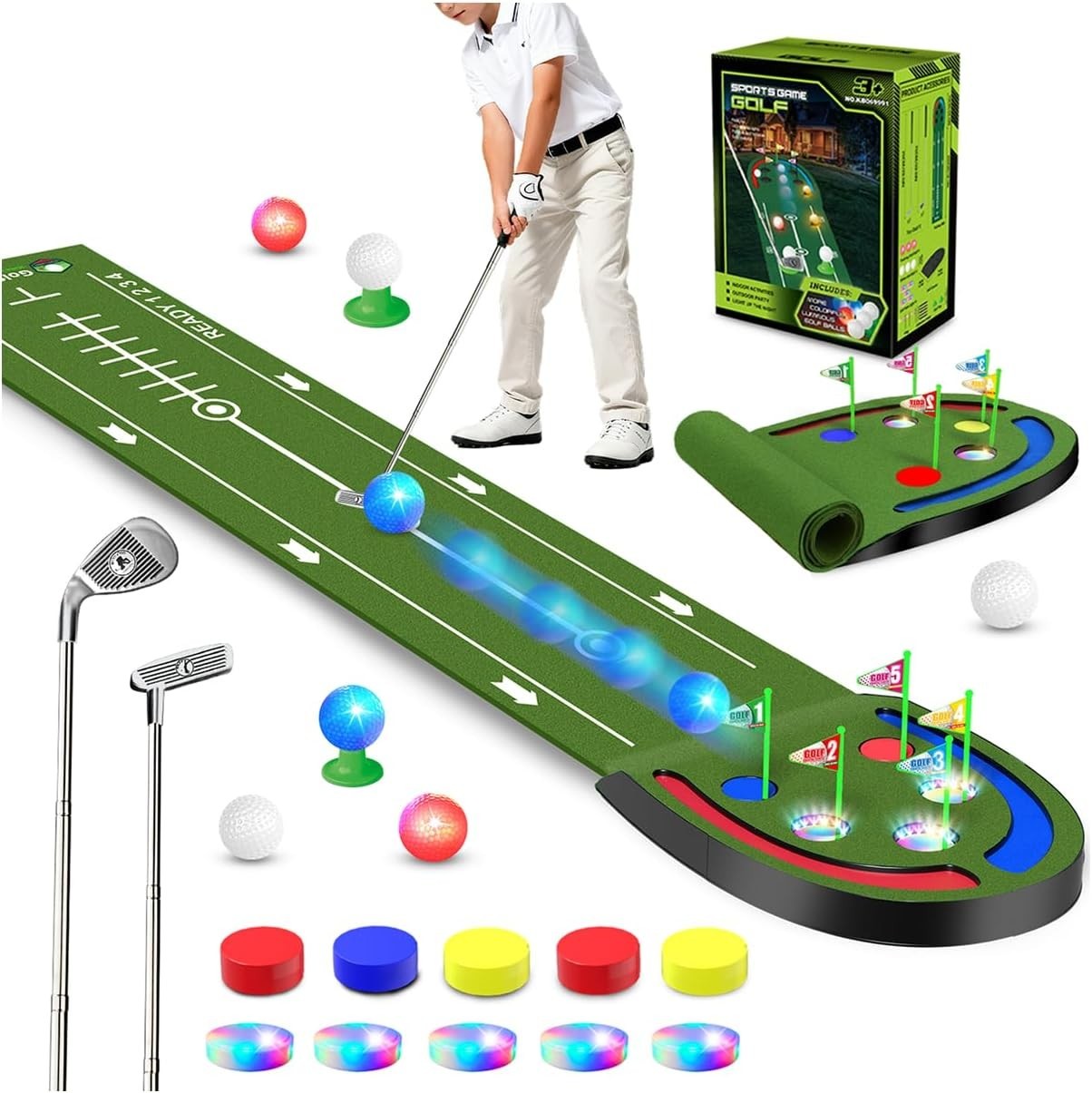 Kids Indoor Golf Putting Mat Game Set LED Balls Portable Practice Green