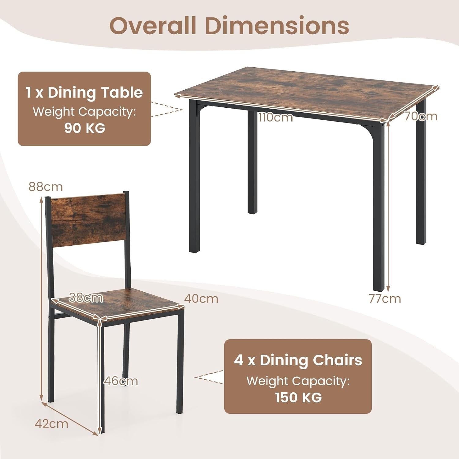 4 Seater Dining Table Set Chairs Wood Metal Kitchen Small Space Modern