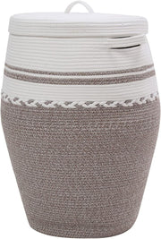 26" Tall White Camel Cotton Rope Laundry Basket with Lid Large Woven Storage Bin