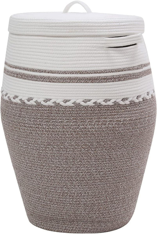 26" Tall White Camel Cotton Rope Laundry Basket with Lid Large Woven Storage Bin