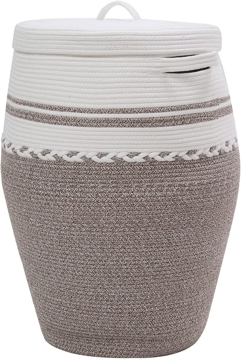 26" Tall White Camel Cotton Rope Laundry Basket with Lid Large Woven Storage Bin