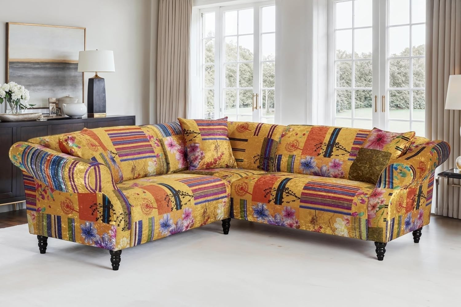 Vibrant Multicolour 5-Seater L Shaped Corner Sofa with Plush Velvet & Cushions