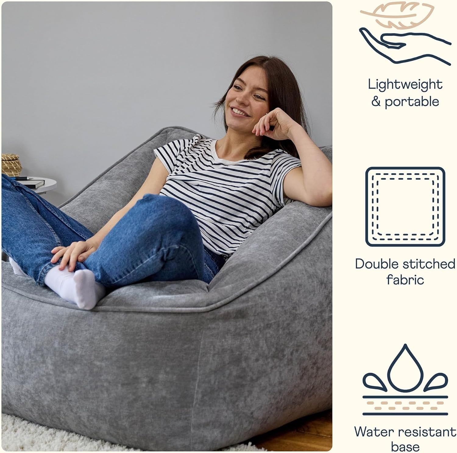 Grey Chenille Bean Bag Armchair Comfy Lounge Chair Sofa for Adults Home