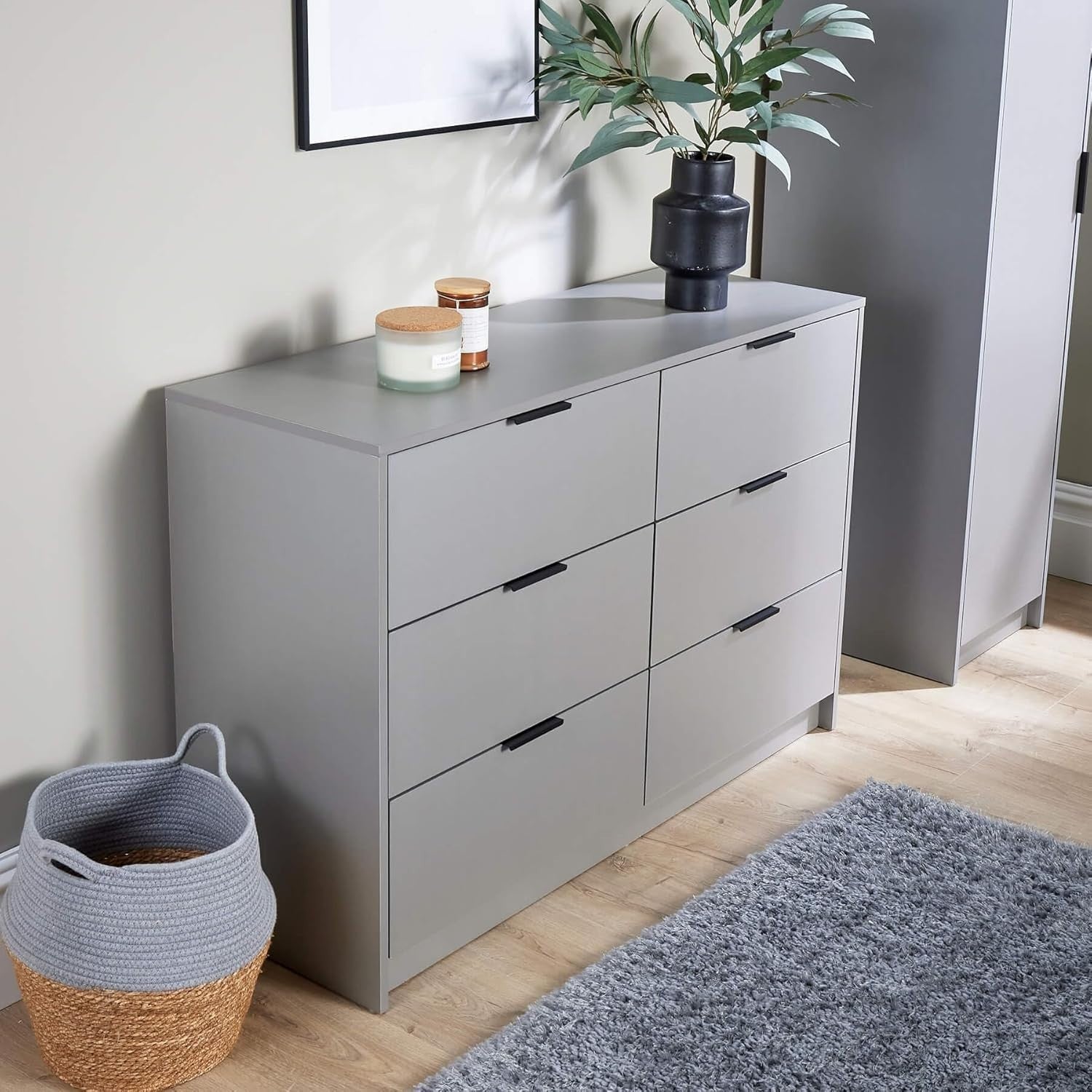 Grey 6 Drawer Chest Bedroom Storage Cabinet Wide Modern Clothes Unit