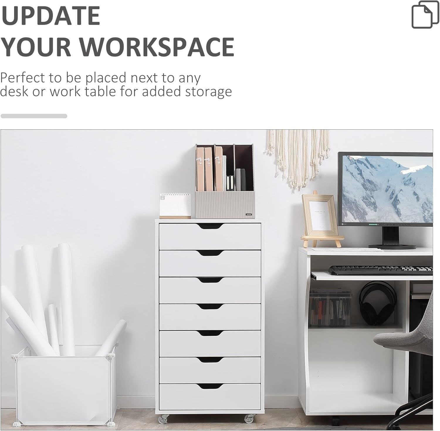 7 Drawer Mobile Filing Cabinet Rolling Office Storage Tall Unit