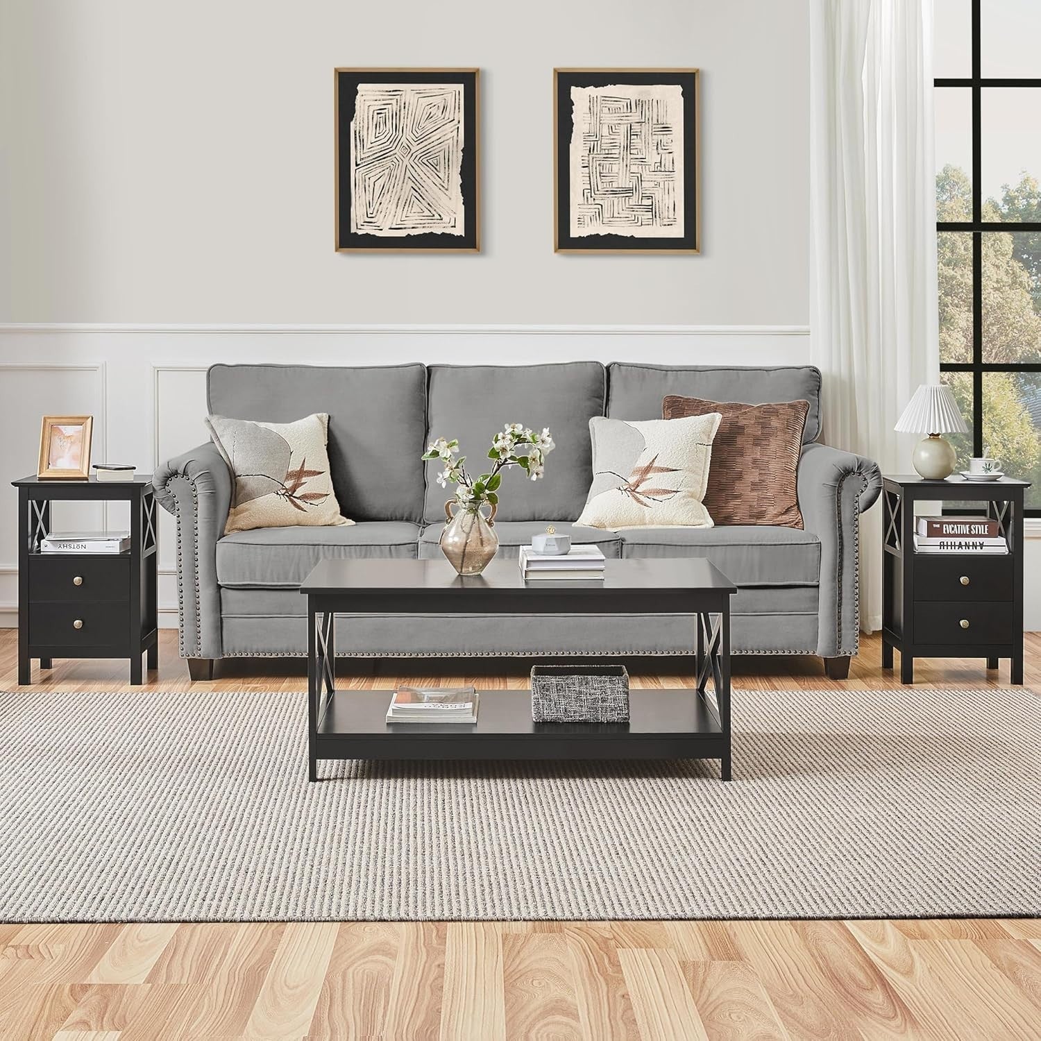 Set of 2 Black Bedside Tables with Drawers & Shelf | Modern Nightstands