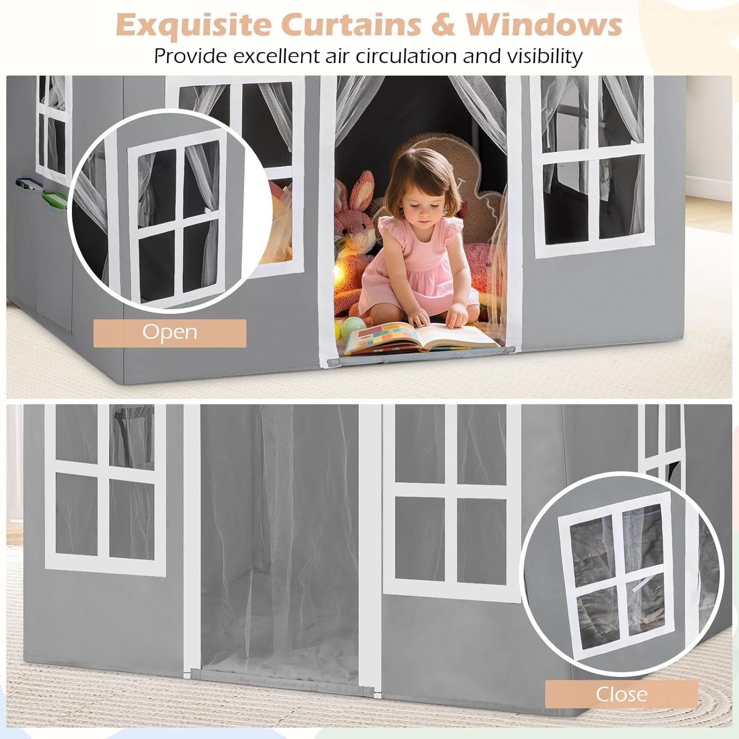 Grey Kids Castle Play Tent Star Lights Large Indoor Fairy House