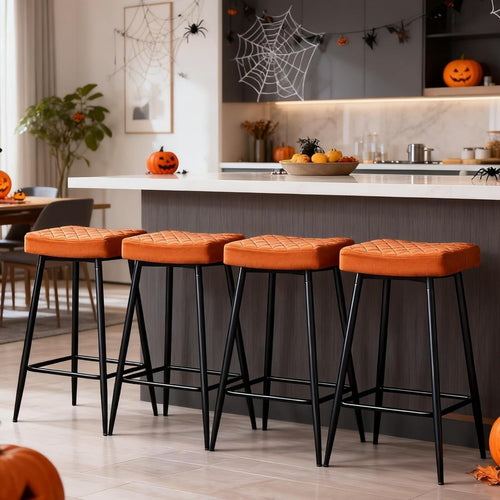 Velvet Orange Bar Stool Set 4 – Modern Kitchen Island Chairs