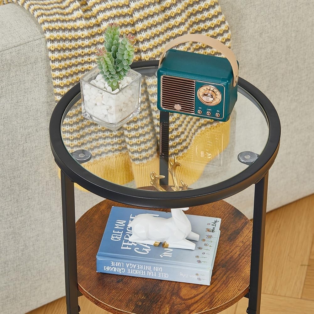 Modern Rustic Brown Round Side Table with Tempered Glass & 3-Tier Storage