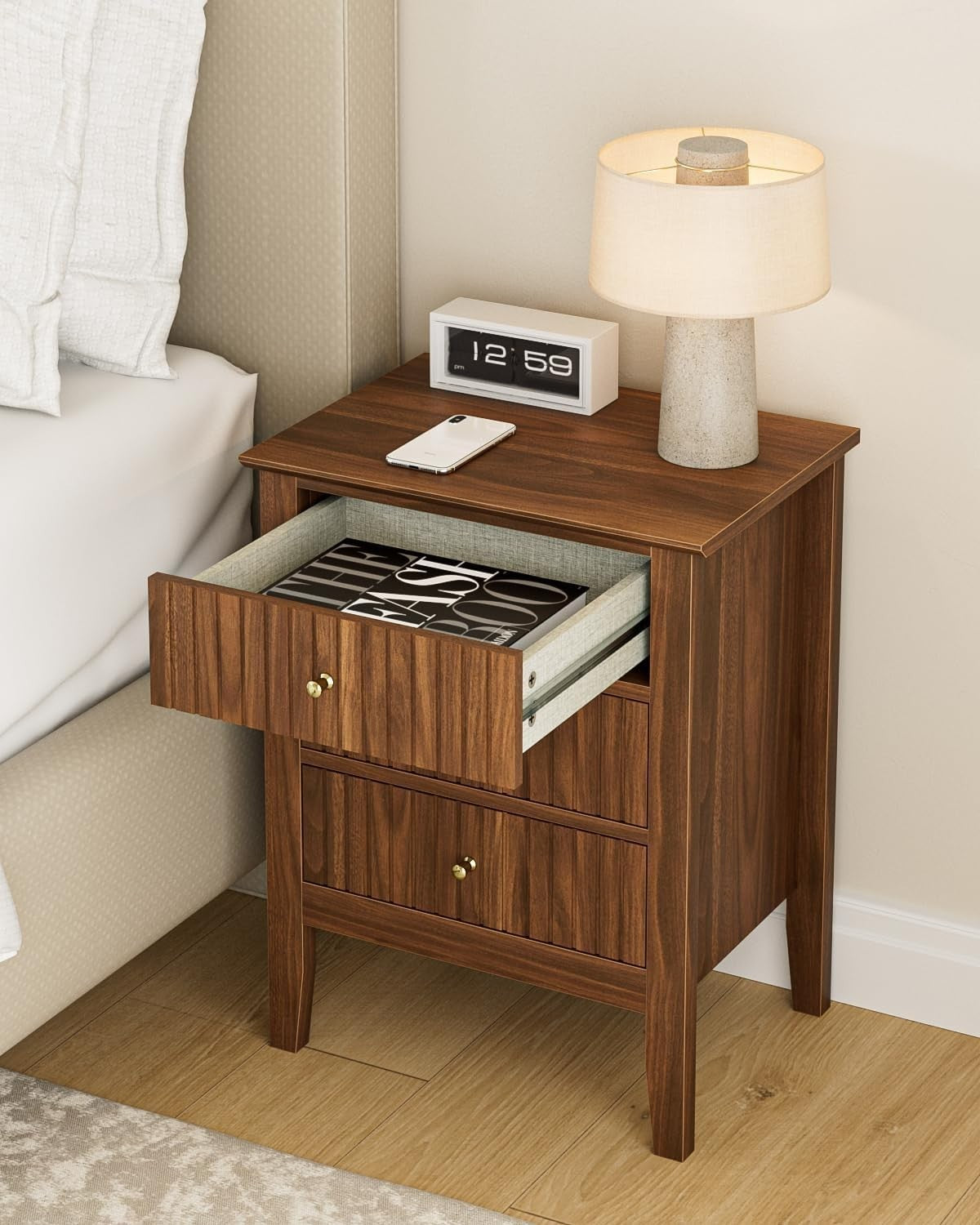 Modern Walnut Bedside Table with 3 Drawers Wooden Nightstand Bedroom Storage