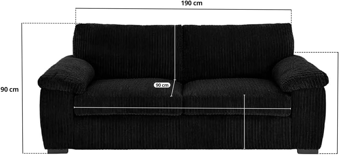 Black Jumbo Cord 3 Seater Sofa Soft Cushions Modern Comfy Lounge Couch