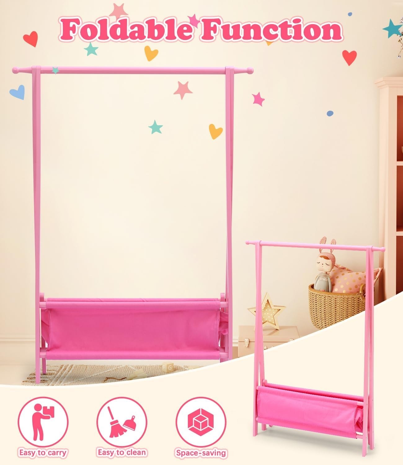 Pink Bamboo Kids Clothes Rack Dress Up Storage Stand