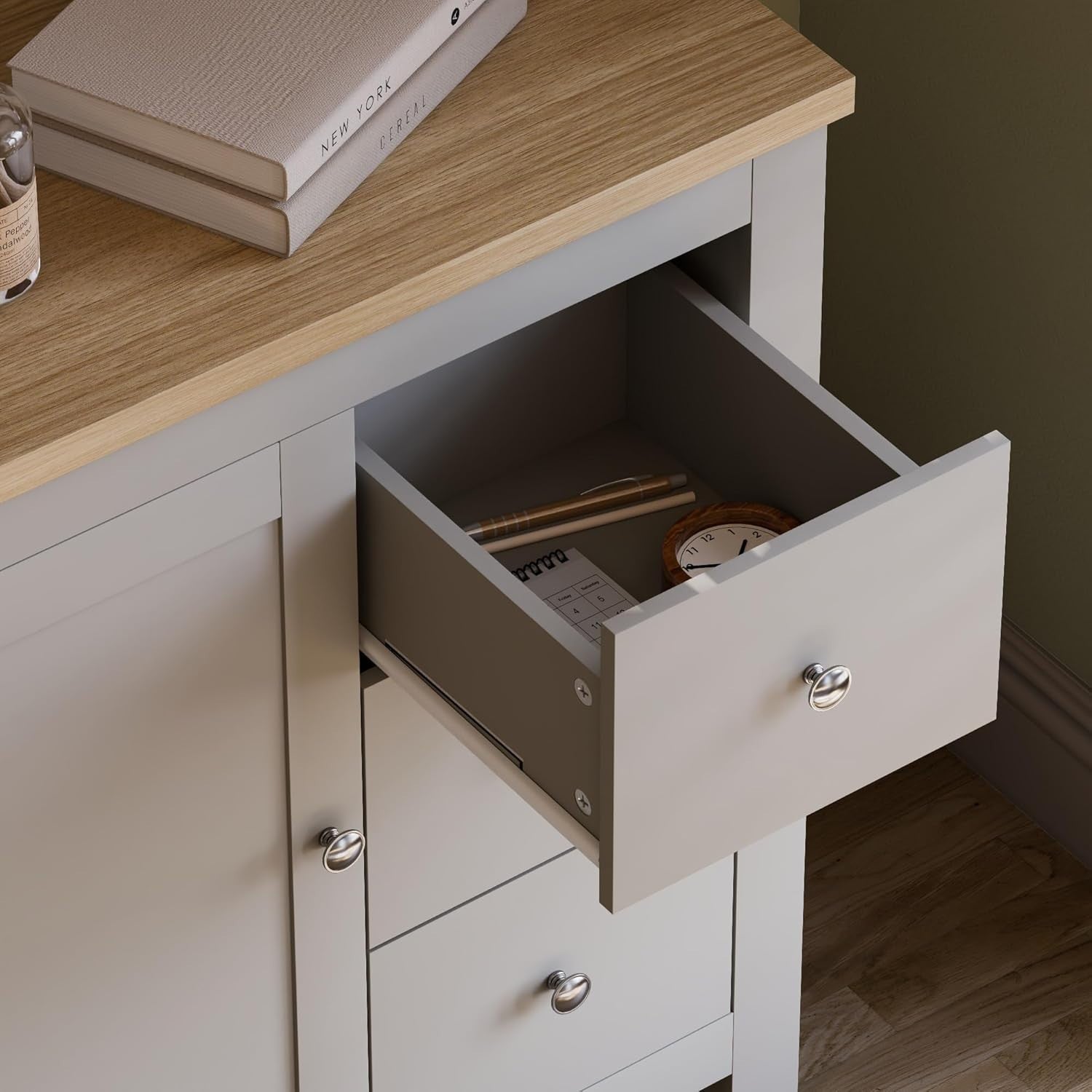 Grey Sideboard Storage Cabinet Unit with 3 Drawers 1 Door Oak Top Hallway