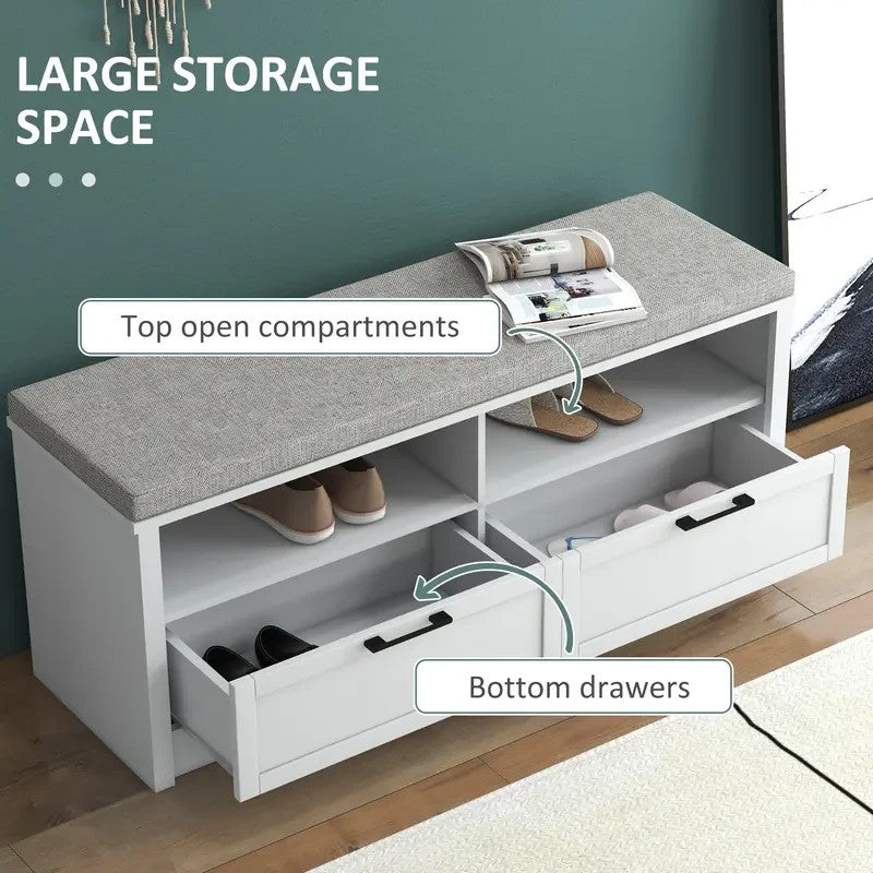 Shoe Storage Bench with Cushion Seat & Drawers – White Hallway Unit