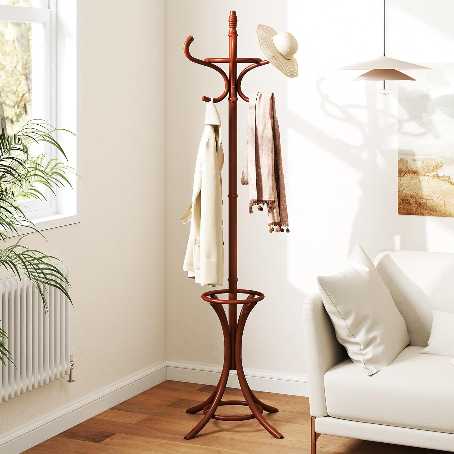 Wooden Coat Rack Stand 12 Hooks & Umbrella Holder | 73” Freestanding Hall Tree