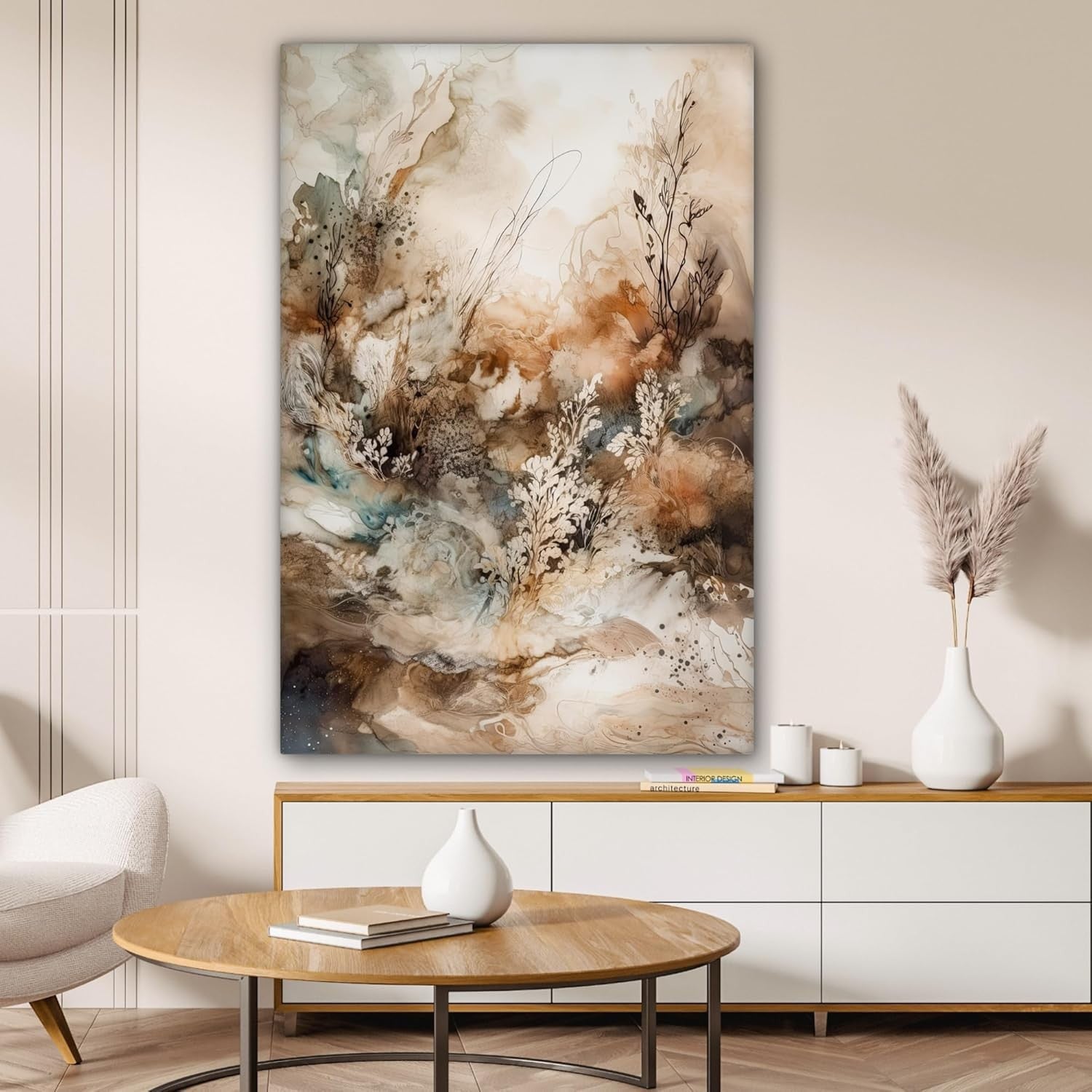 Large Beige Abstract Canvas Wall Art Modern Nature Floral Print 31x47