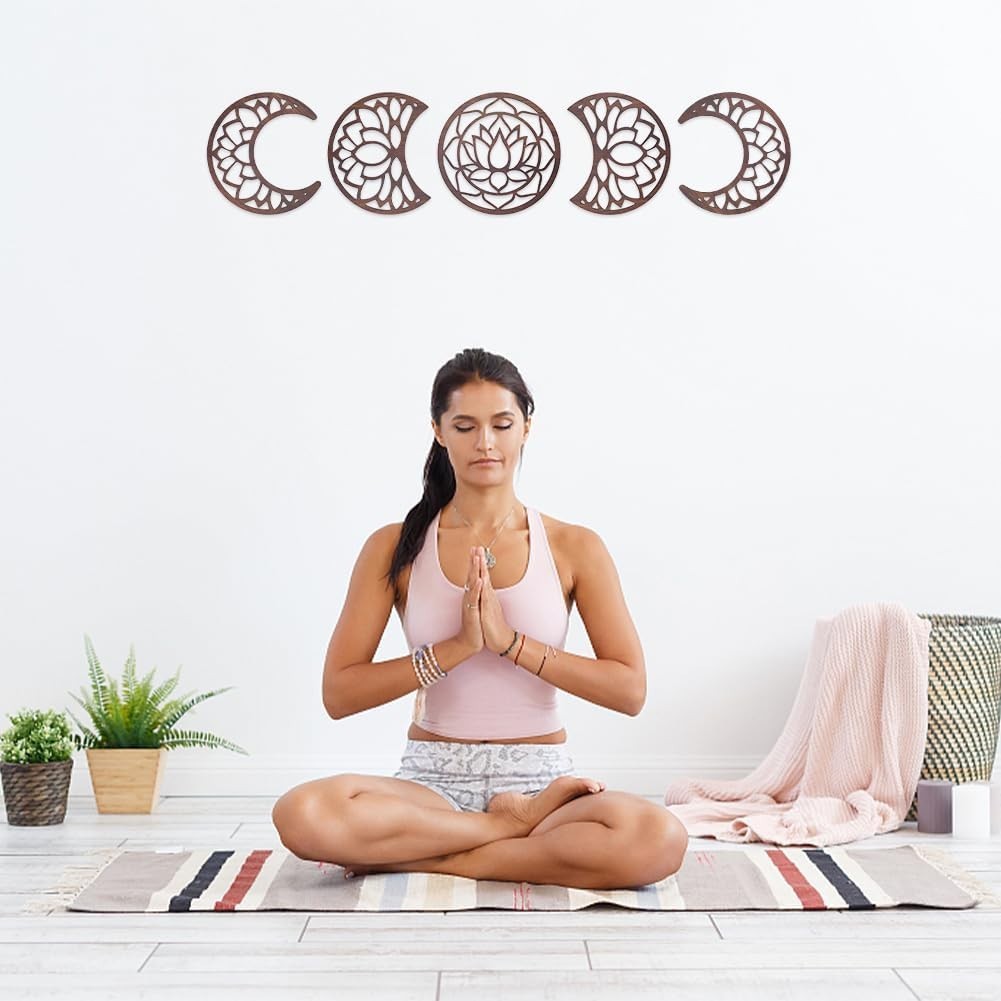 Moon Phase Wall Decor Wooden Boho Lotus Hanging Art