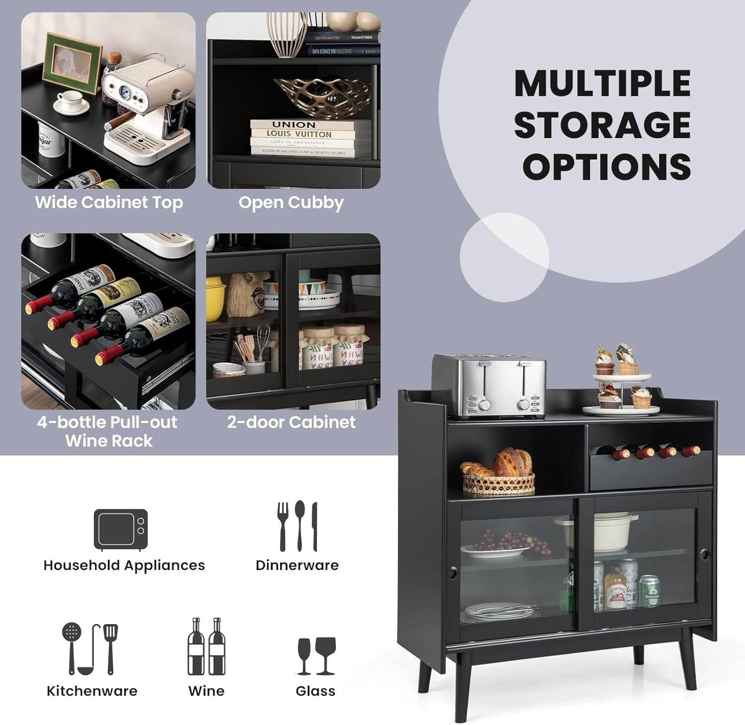 Modern Buffet Sideboard Drinks Cabinet with Wine Rack & Glass Doors