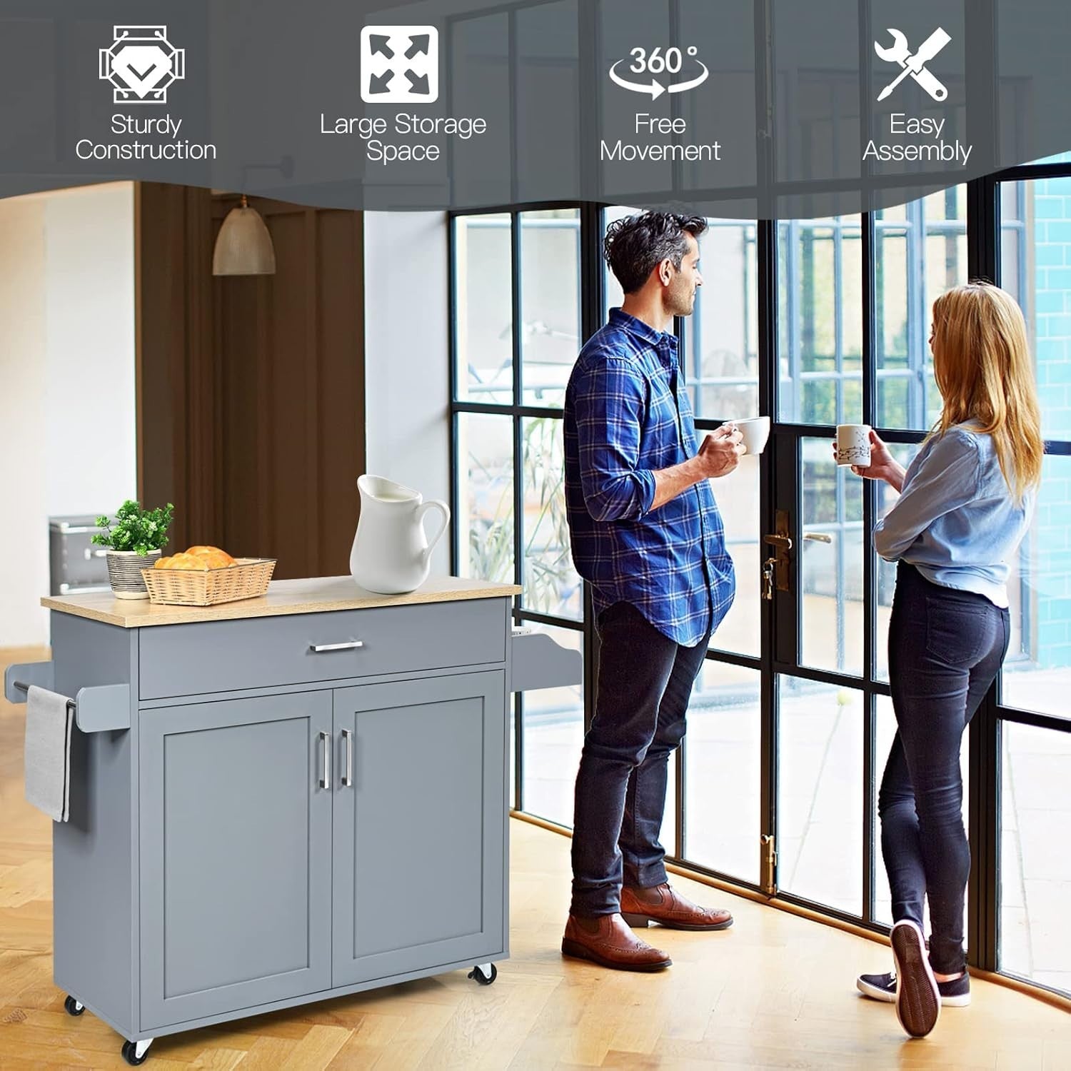 Large Kitchen Island Trolley Drawer Cabinet 116cm Grey