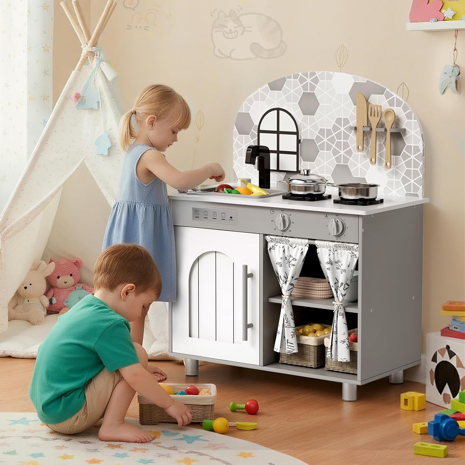 Kids Wooden Play Kitchen w/ Real Sound Stove Grey Toy Set