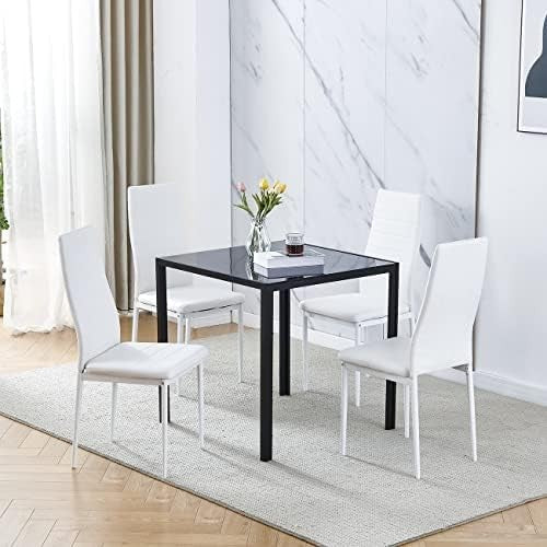 Square Glass Dining Table Set 4 Chairs Modern Space Saving Black White Leather
