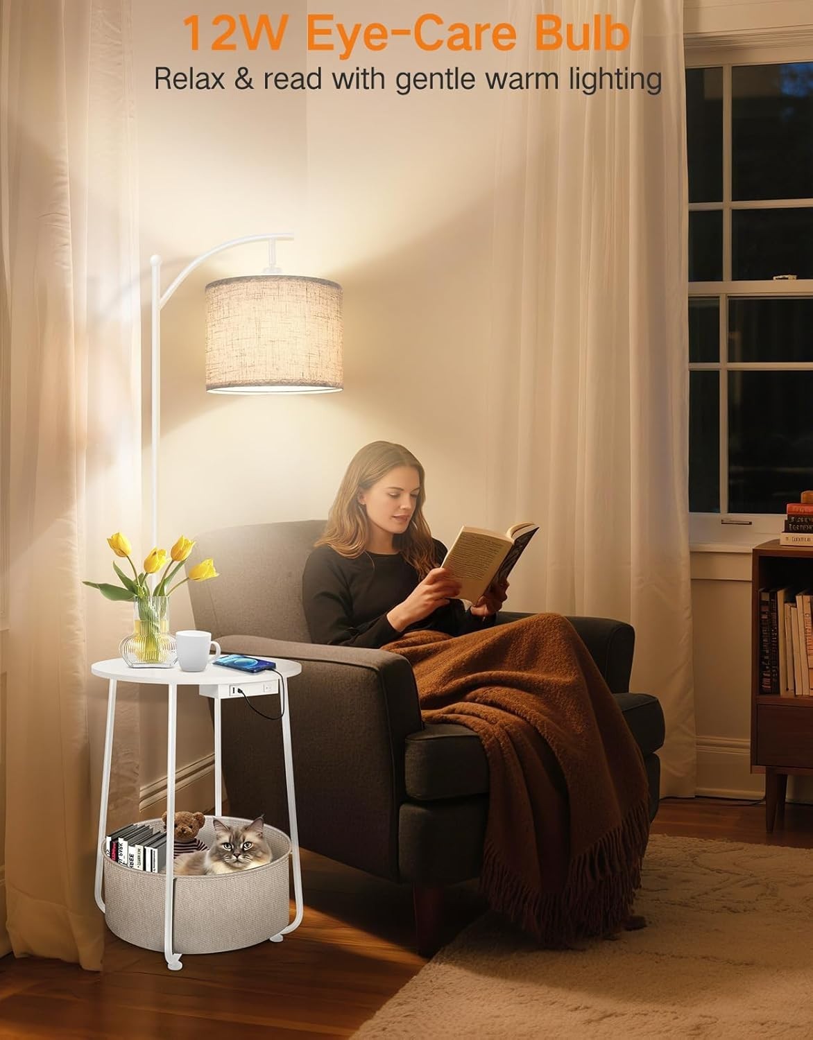 Multifunctional Floor Lamp with Table, USB Ports & Adjustable Light