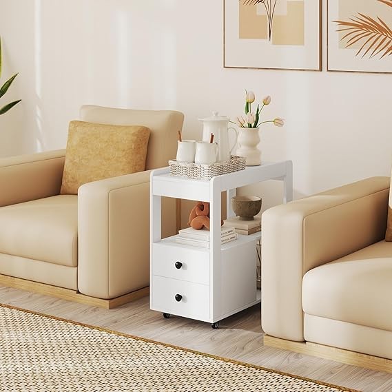 Sleek 3-Tier Rolling Bedside Table with Drawers & Shelves Slim Nightstand White