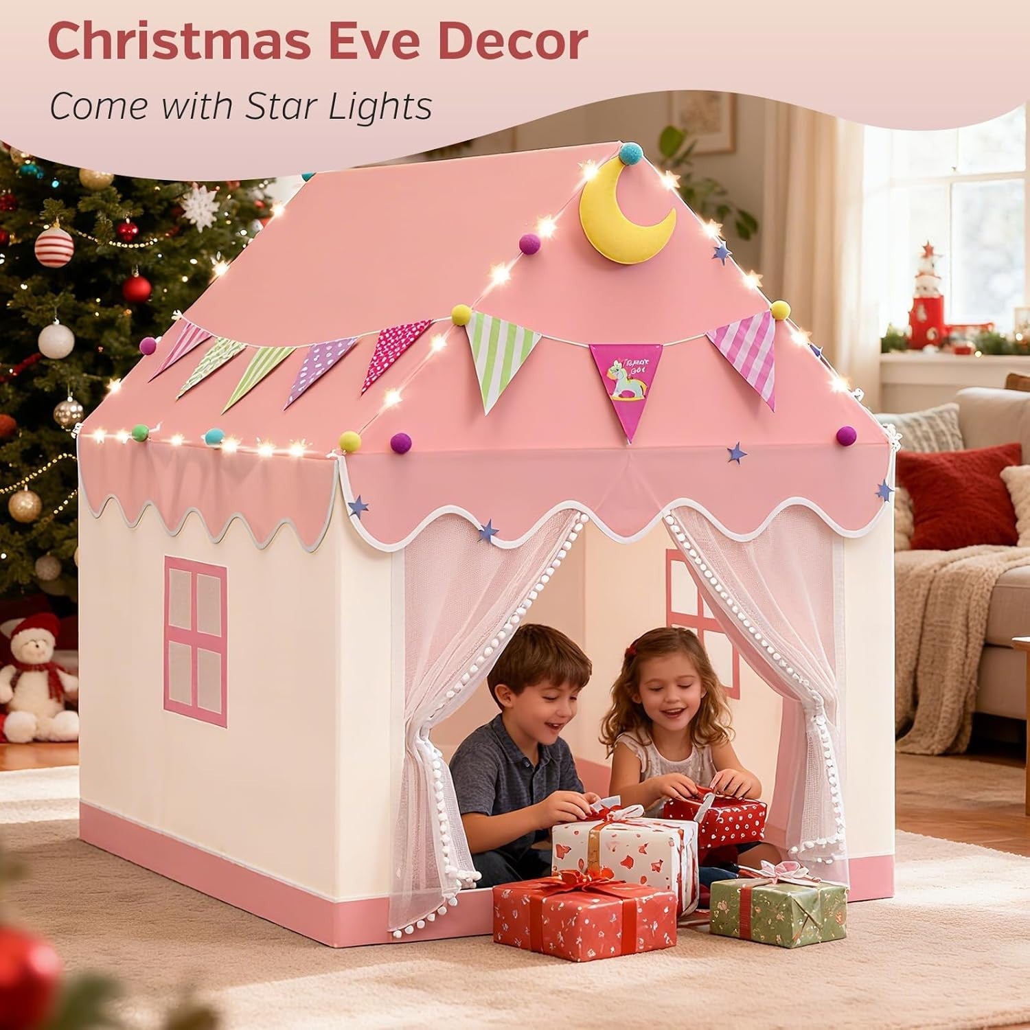 Large Kids Play Tent Indoor Outdoor w Star Lights Double Curtains