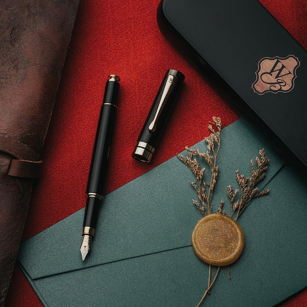 Black Wood Fountain Pen Set Medium Nib Black Ink Gift Case