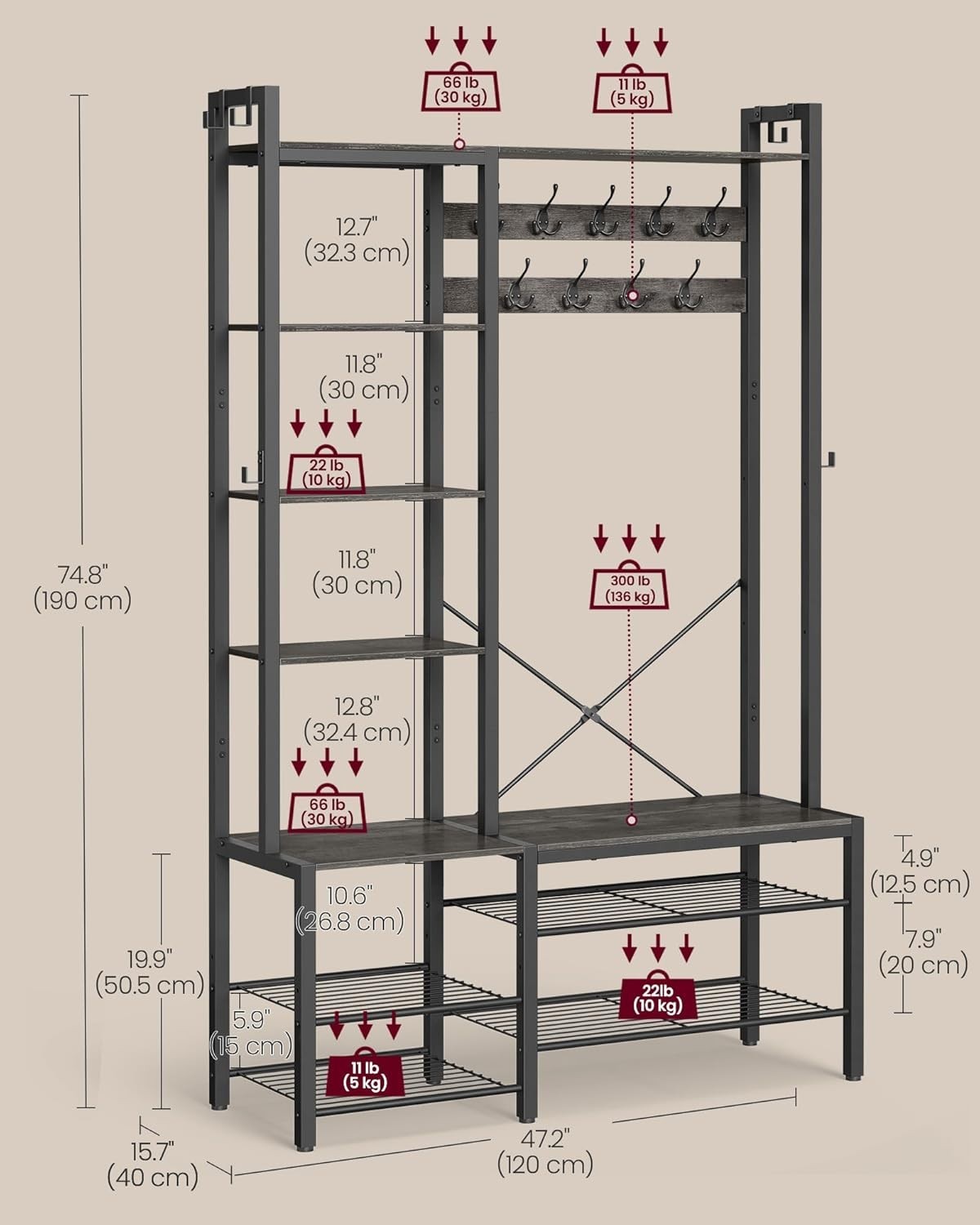 Coat Rack with Bench & Shoe Storage | 120x40x190cm Entryway Organiser