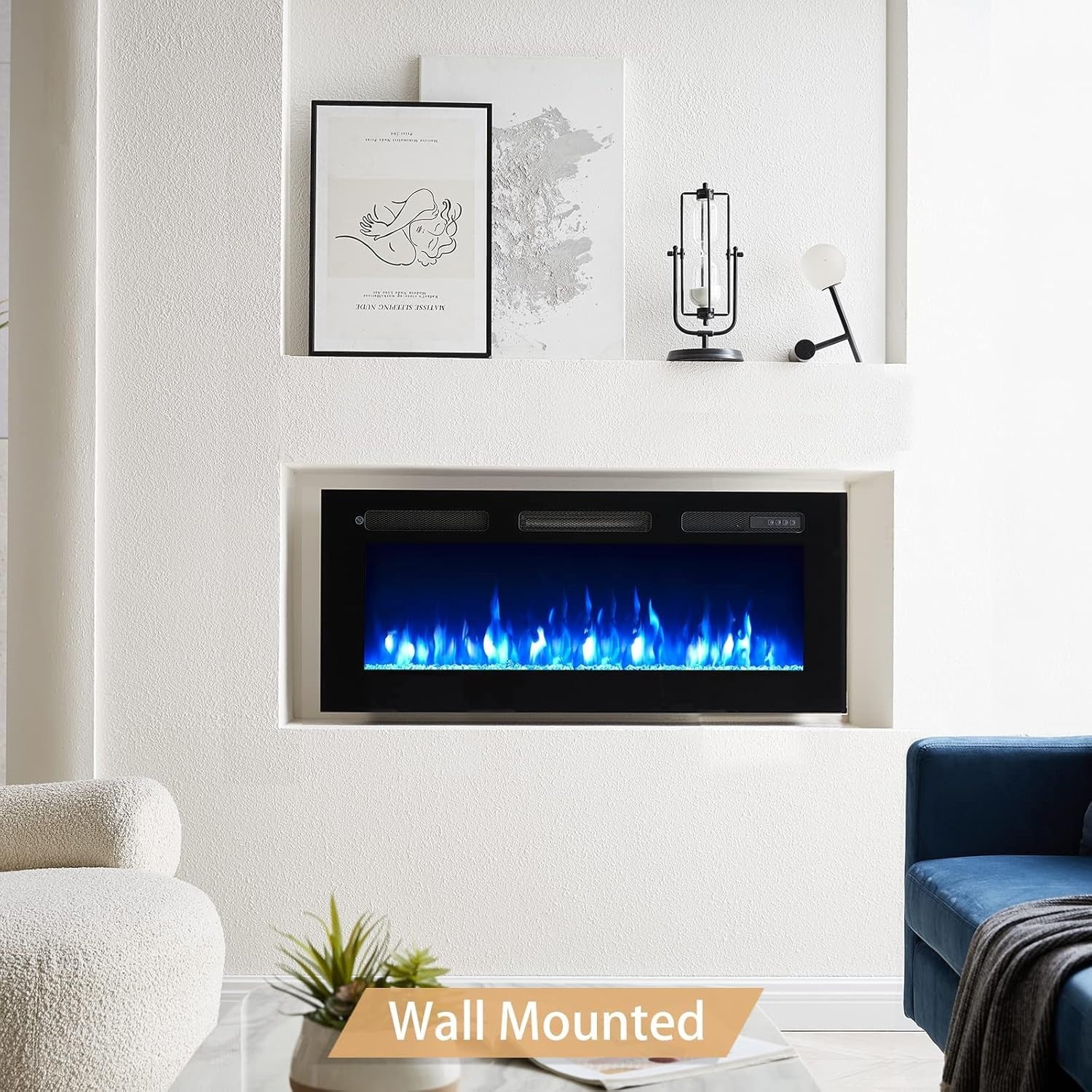 Wall-Mounted 40" Electric Fireplace Heater with 9 Flame Colors & Remote