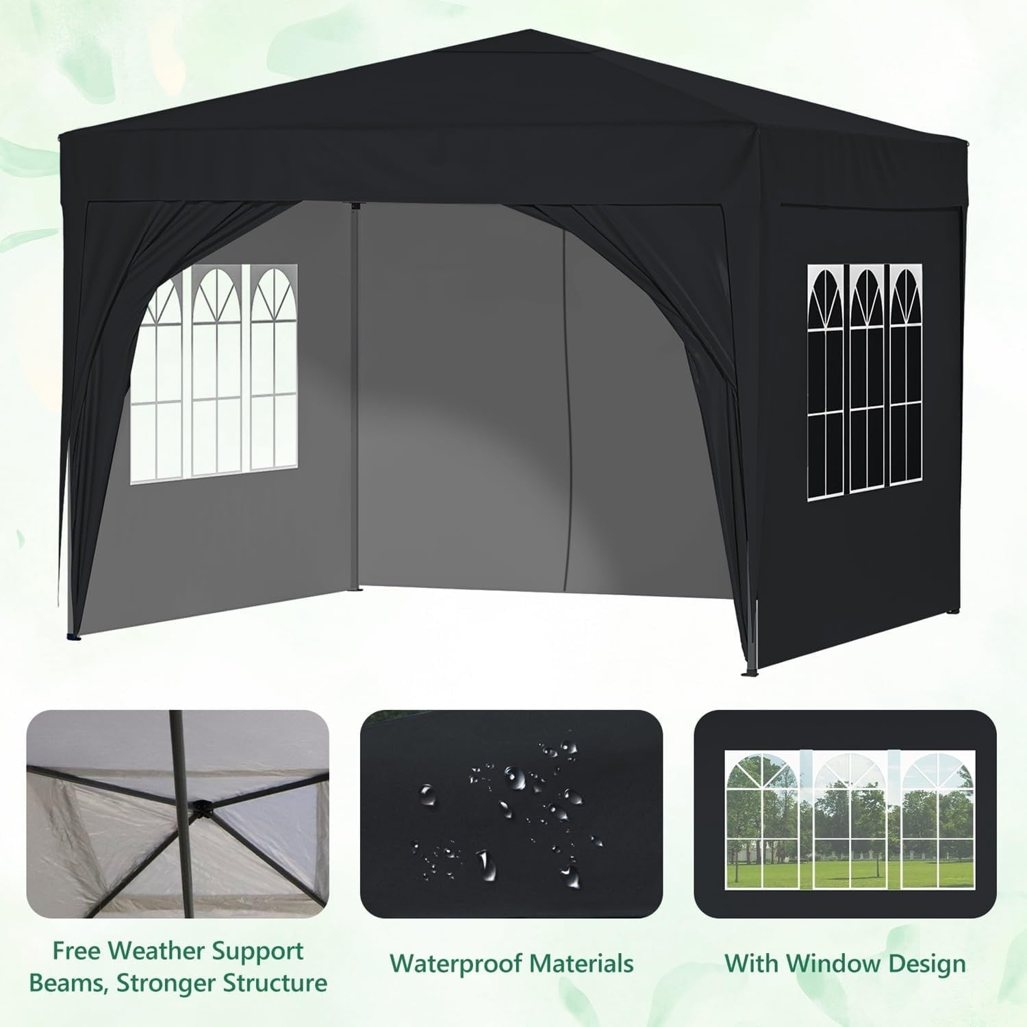 3x3M Waterproof Pop Up Gazebo With Sides Outdoor Garden Party Tent Black