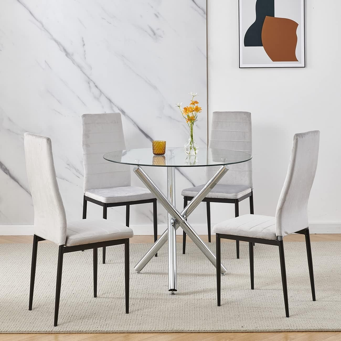 Compact Round Glass Dining Table with 4 Grey Velvet Chairs | Kitchen Set